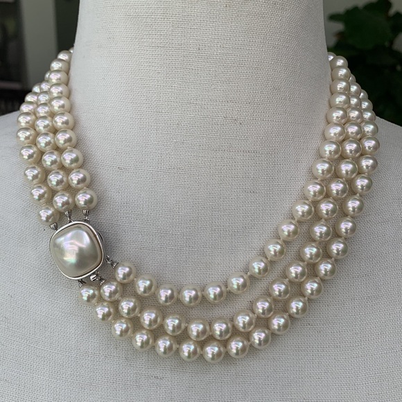 Majorica Jewelry Majorica Triple Strand Pearl And Sterling Silver